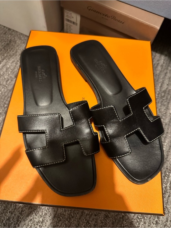 Hermes Shoes - Hermes Black Leather Oran Slide Sandals
